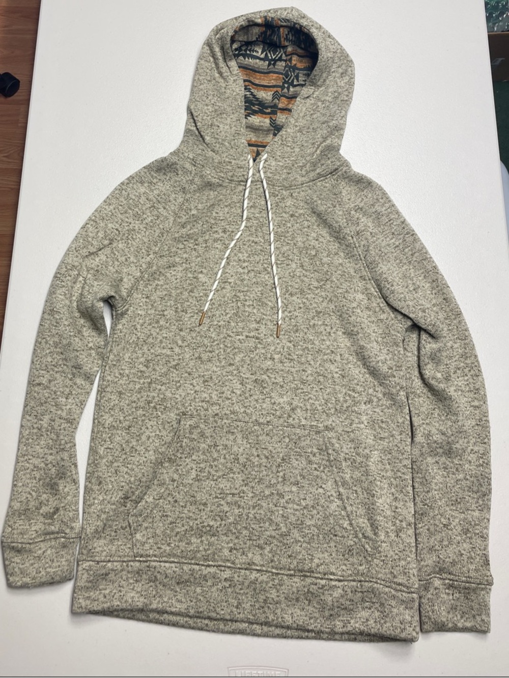 Departwest Men's Light Heather tan Pullover Hoodie with Patterned Hood Lining